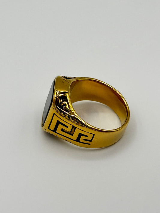 Men's Versace Signature Black Stone Ring – Bold Gold Finish