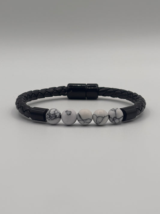 Black Leather Bracelet with White Marble BeadsĀ |Ā DripZen