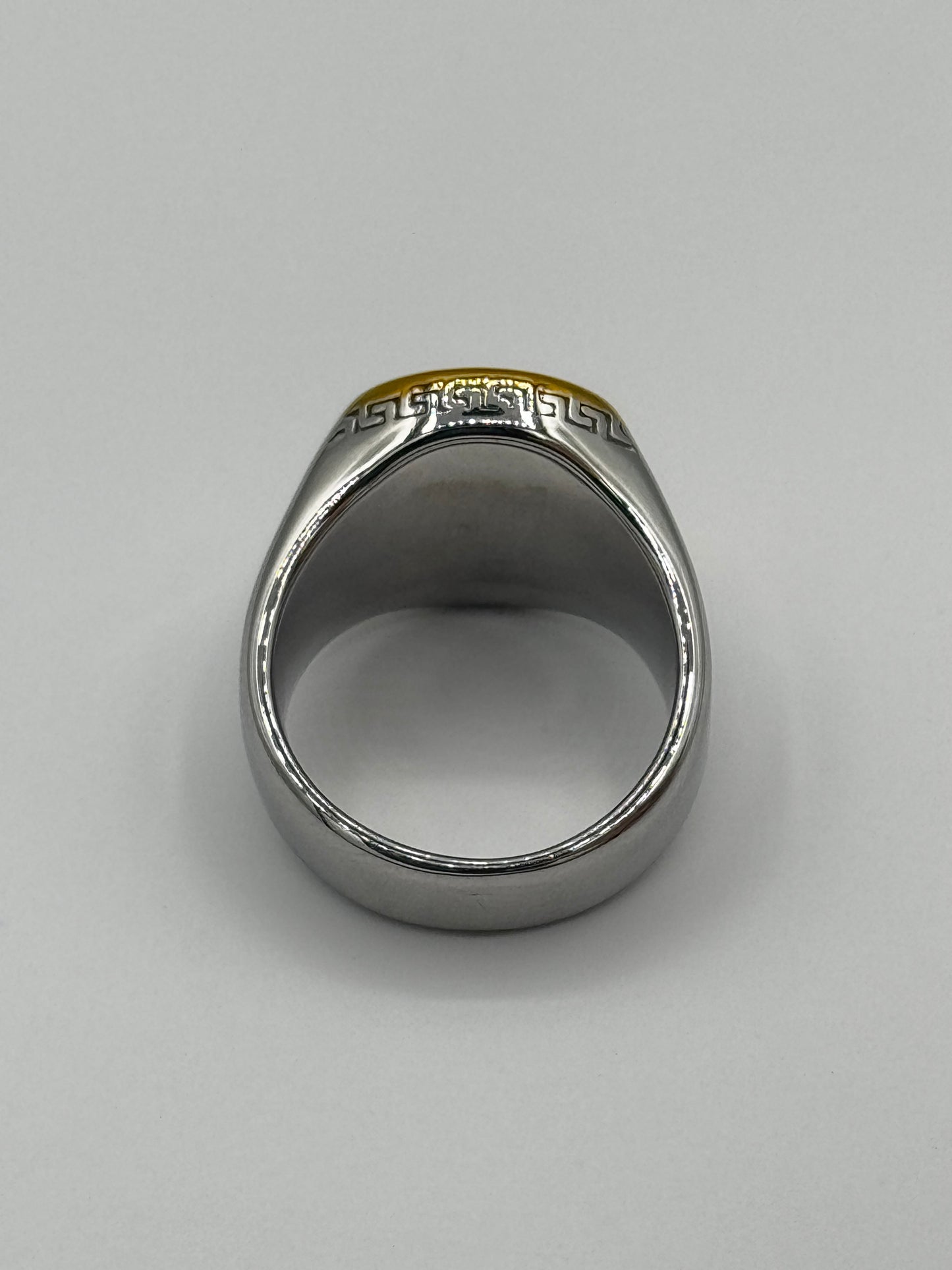 Luxury Black Stone Versace Ring | Dual-Tone Silver & Gold