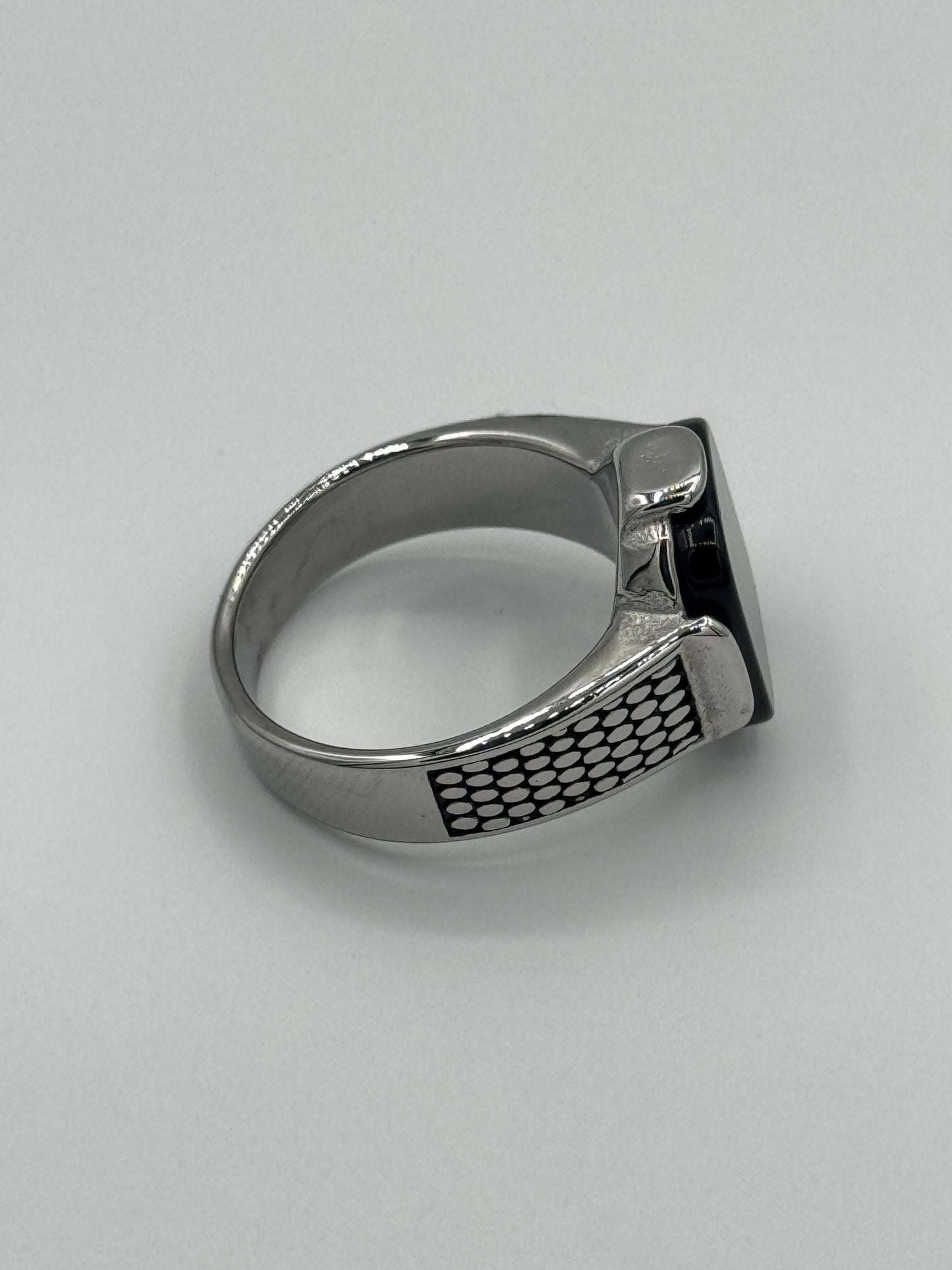 Men’s Textured Silver Steel Black Stone Ring | Bold Mesh Design