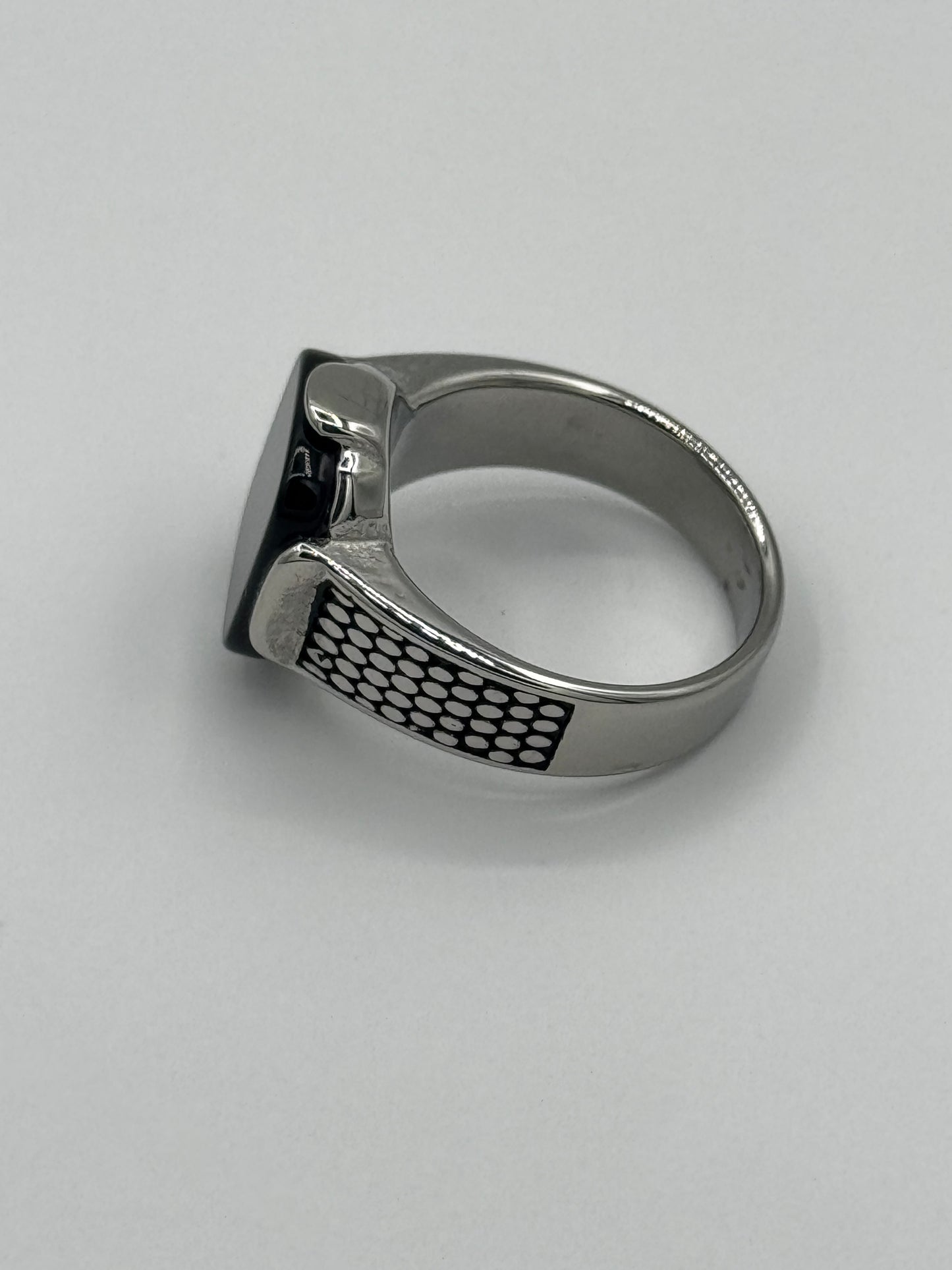 Men’s Textured Silver Steel Black Stone Ring | Bold Mesh Design
