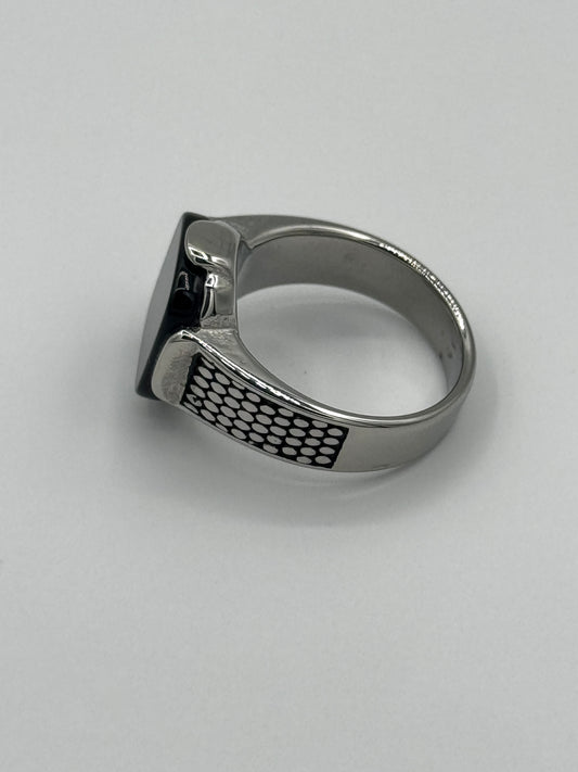 Men’s Textured Silver Steel Black Stone Ring | Bold Mesh Design