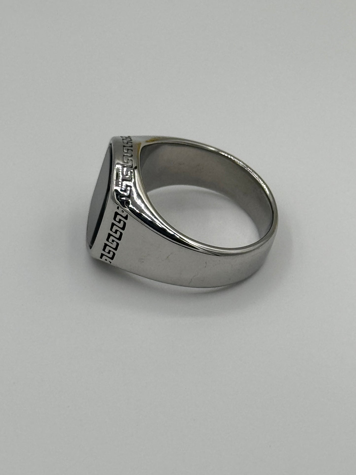 Luxury Black Stone Versace Ring | Dual-Tone Silver & Gold