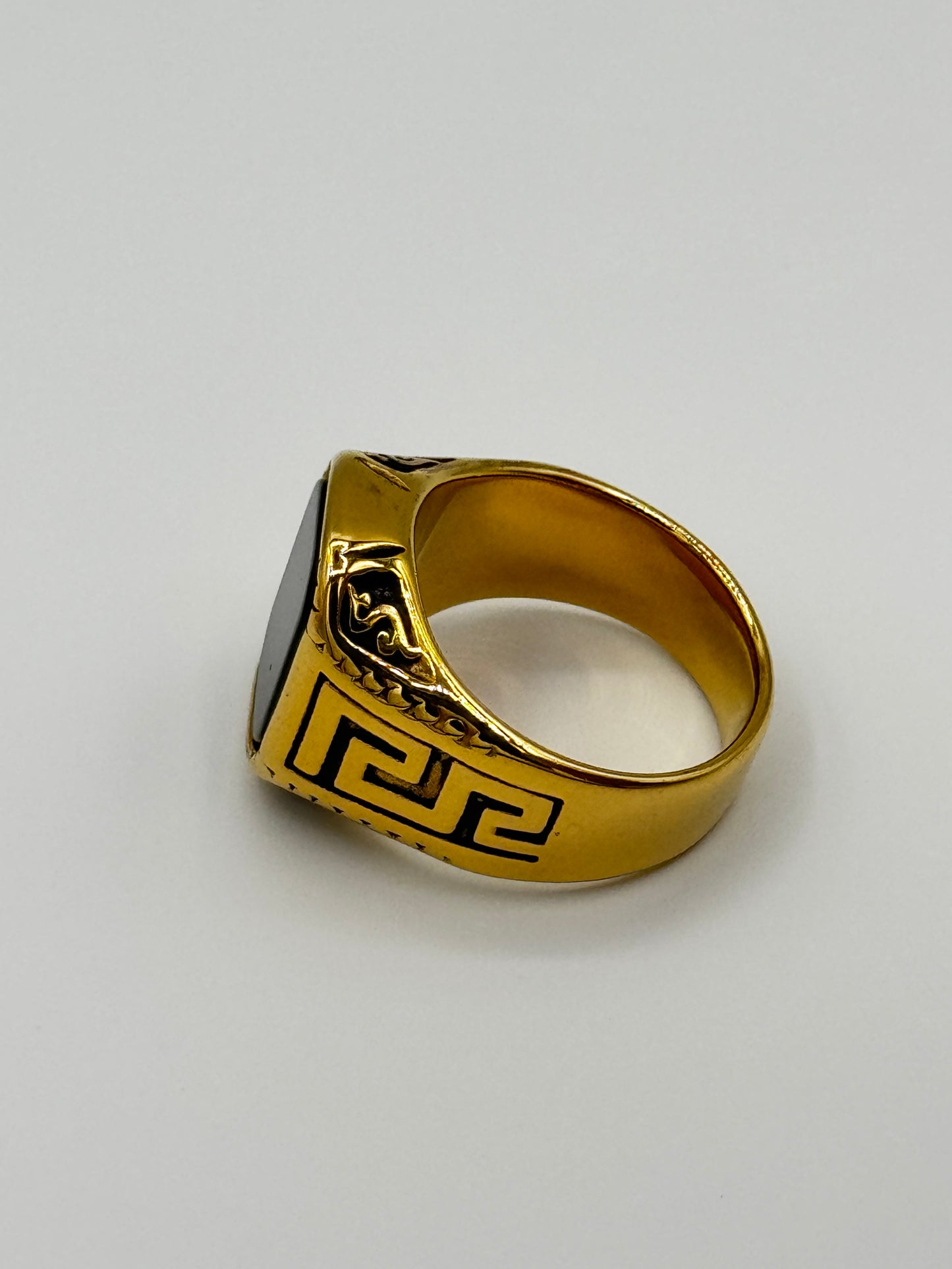 Men's Versace Signature Black Stone Ring – Bold Gold Finish