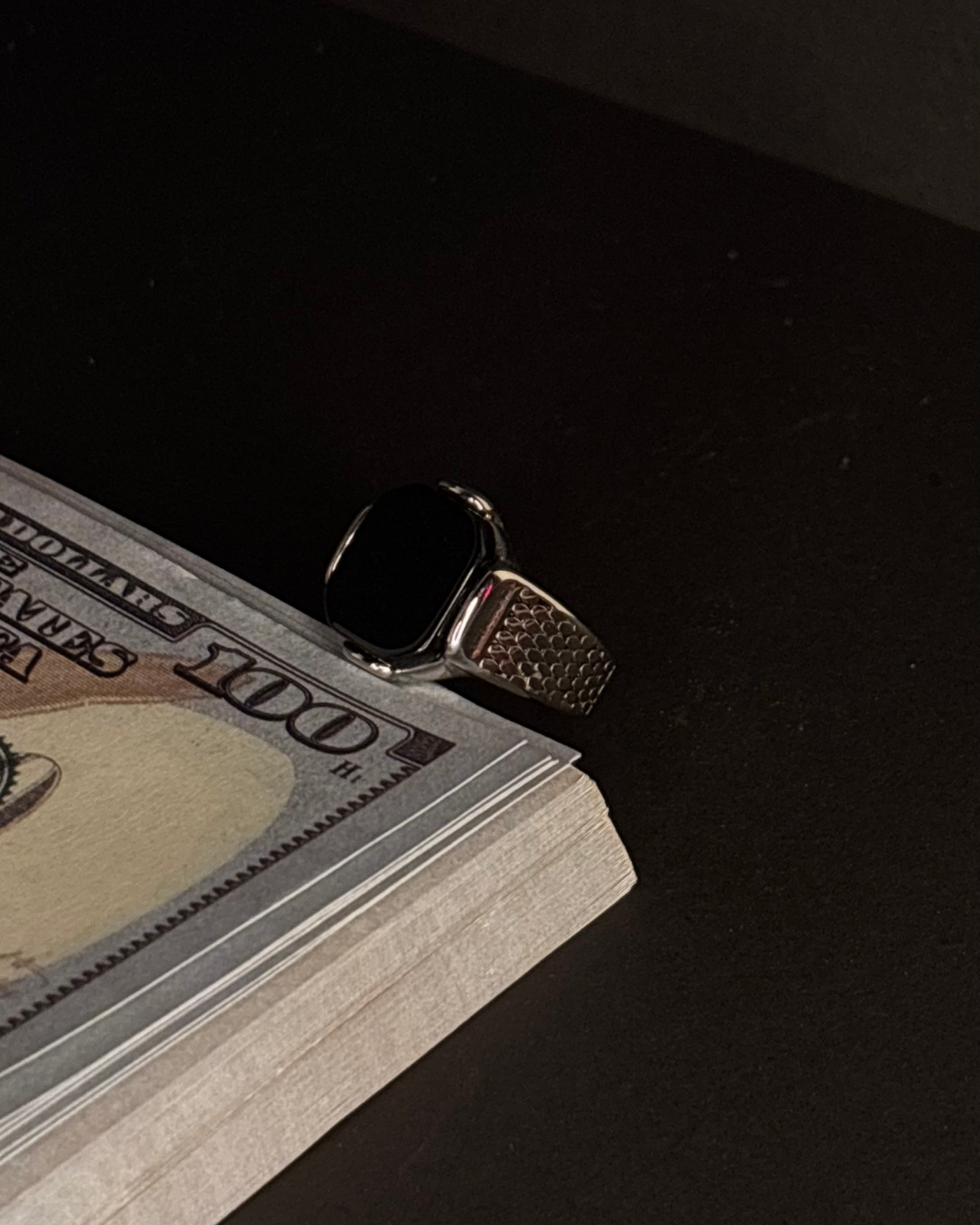 Men’s Textured Silver Steel Black Stone Ring | Bold Mesh Design