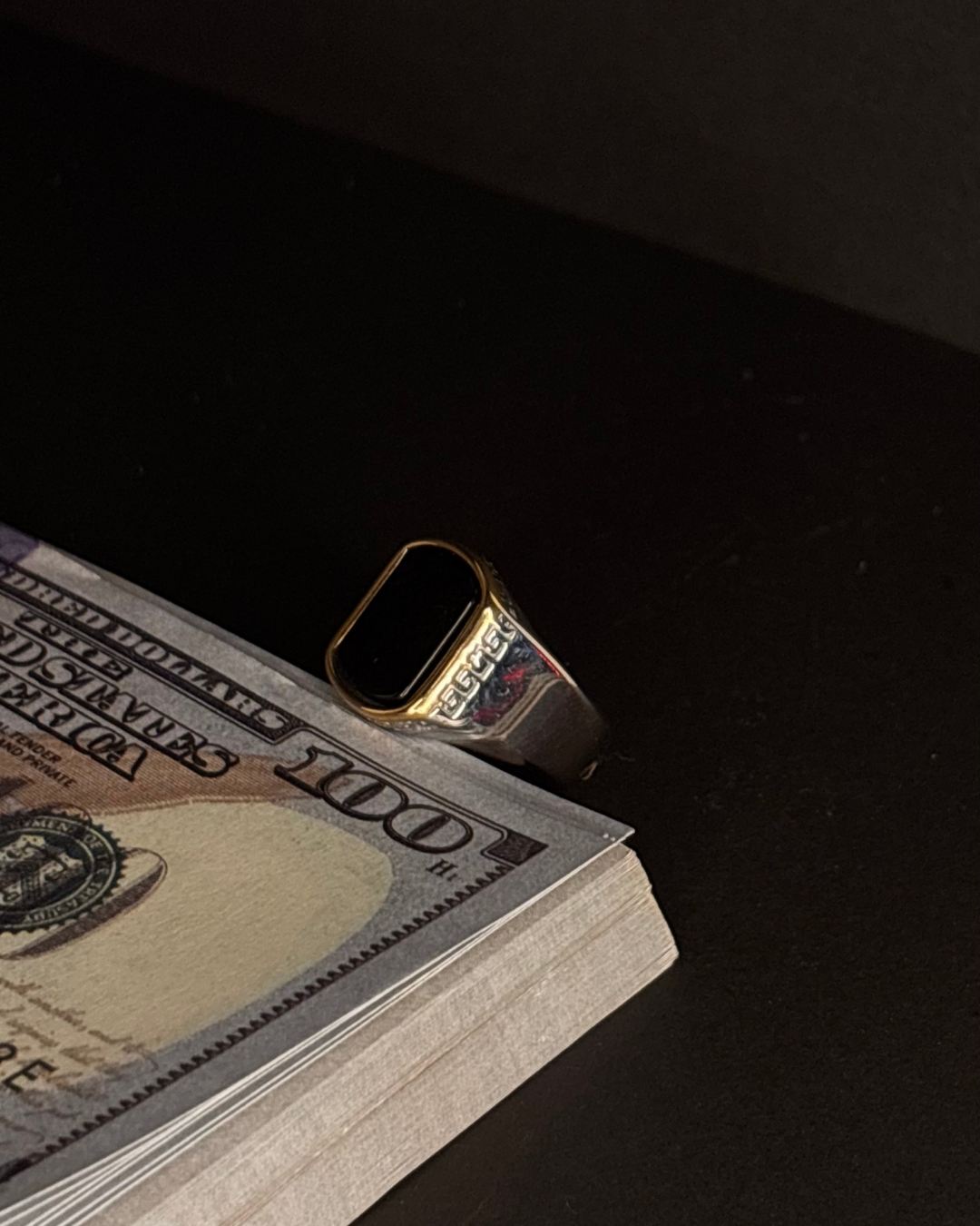 Luxury Black Stone Versace Ring | Dual-Tone Silver & Gold