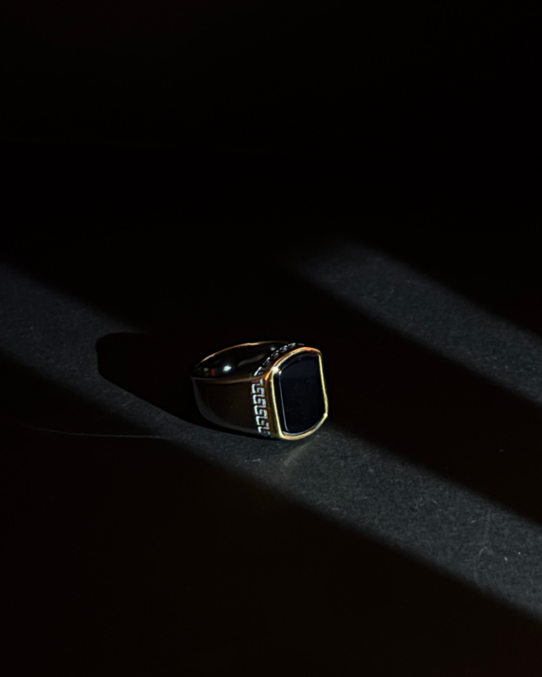 Luxury Black Stone Versace Ring | Dual-Tone Silver & Gold