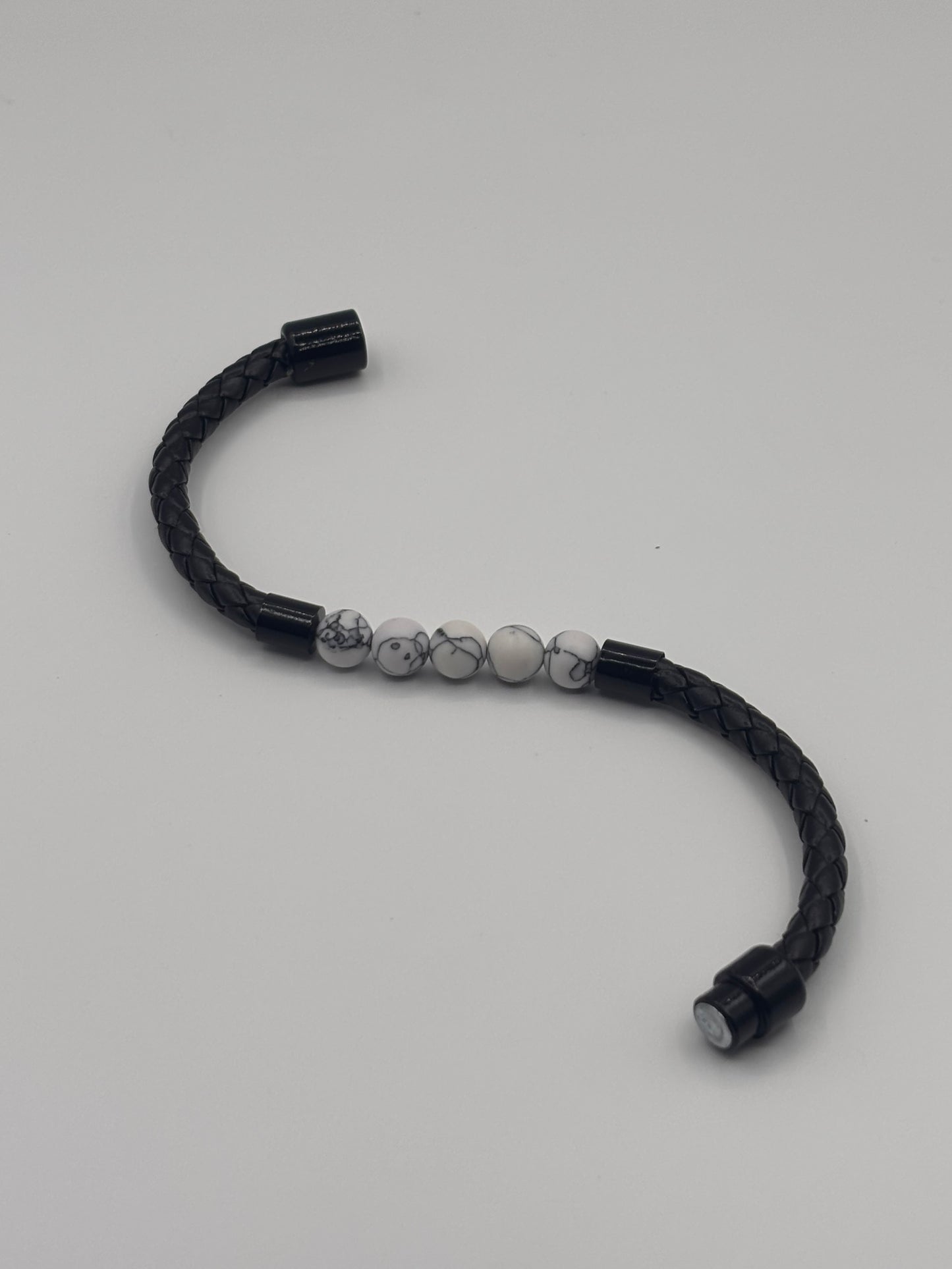 Black Leather Bracelet with White Marble Beads | DripZen