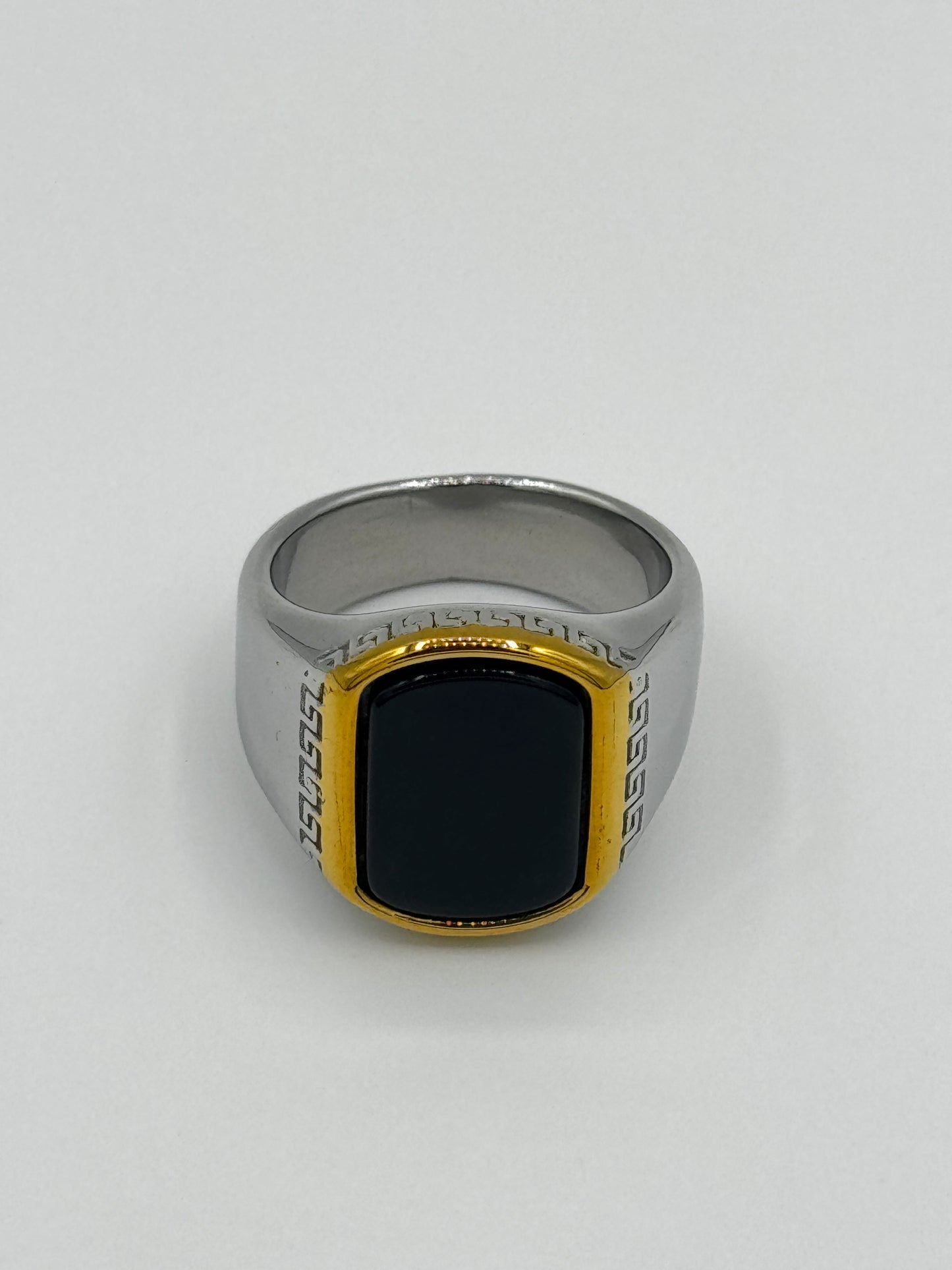 Luxury Black Stone Versace Ring | Dual-Tone Silver & Gold