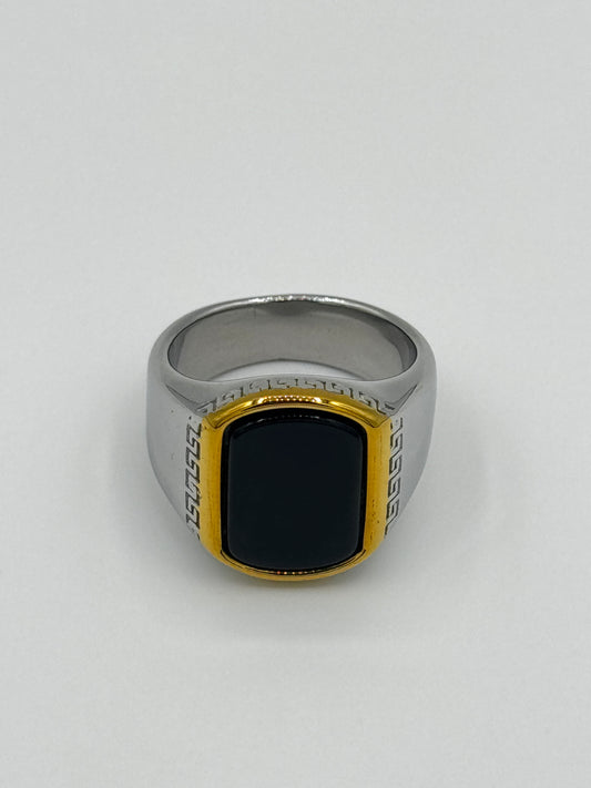 Luxury Black Stone Versace Ring | Dual-Tone Silver & Gold