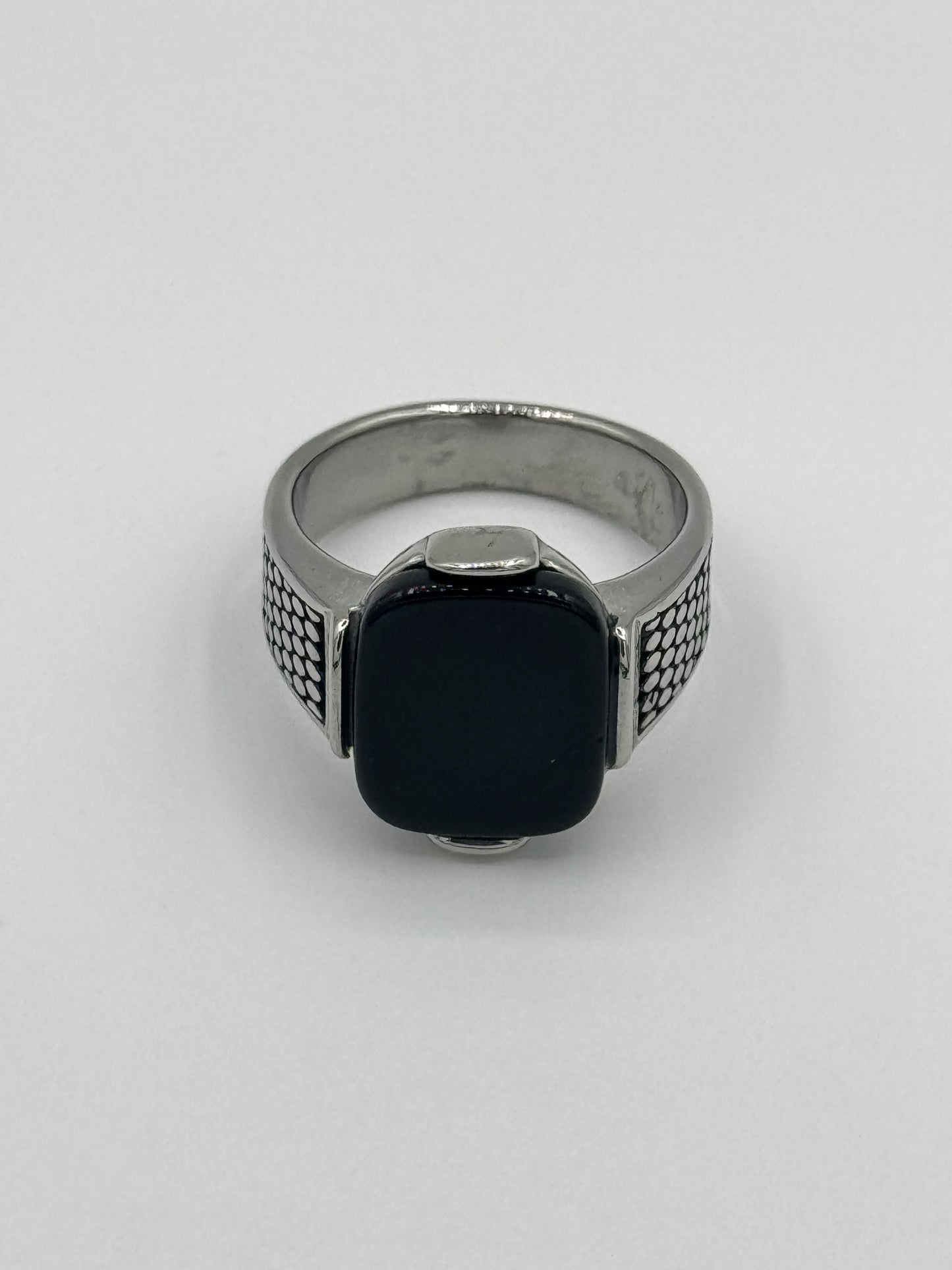 Men’s Textured Silver Steel Black Stone Ring | Bold Mesh Design