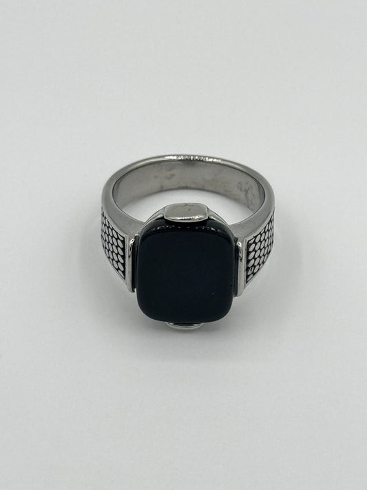 Men’s Textured Silver Steel Black Stone Ring | Bold Mesh Design