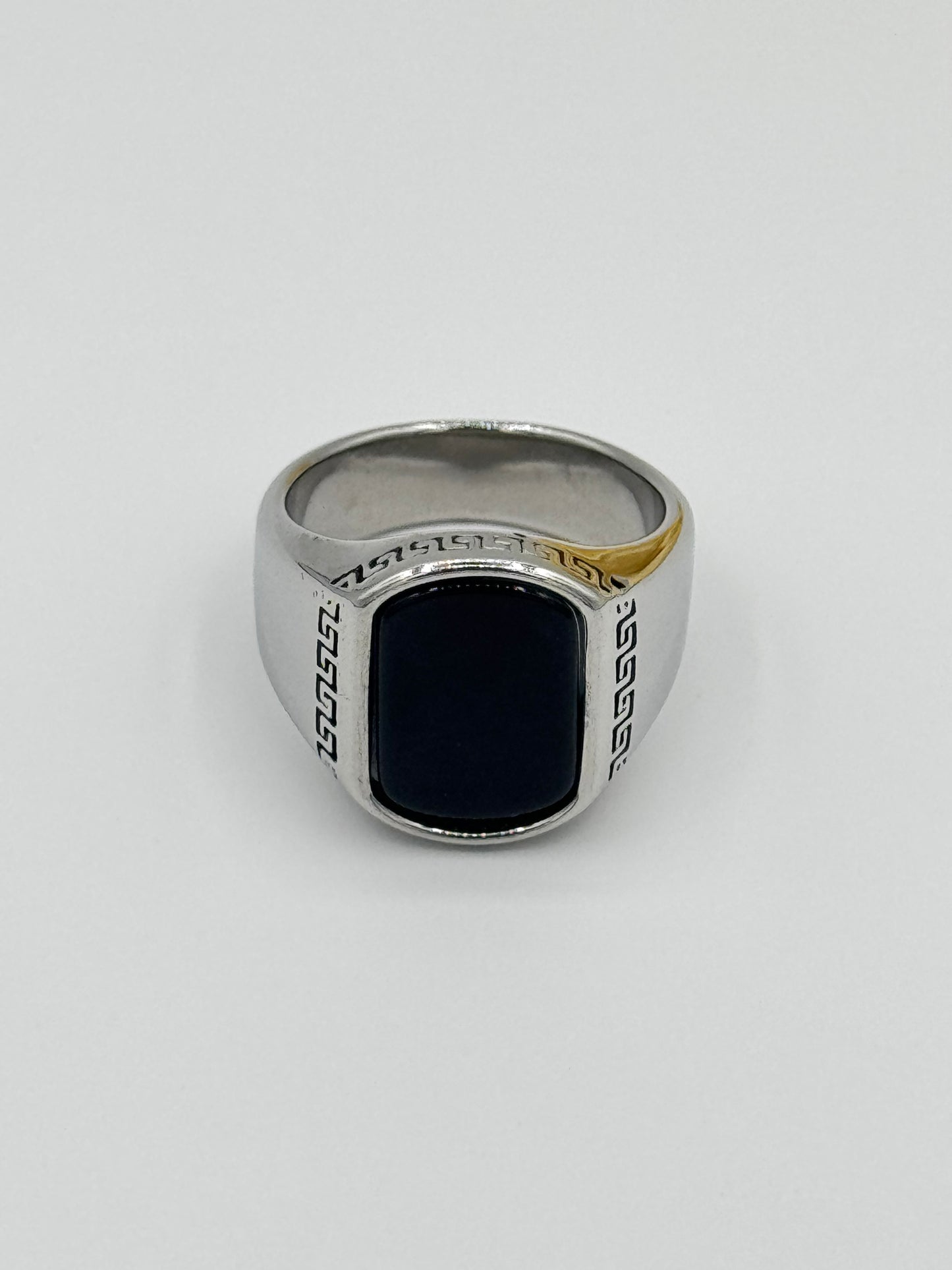 Luxury Black Stone Versace Ring | Dual-Tone Silver & Gold