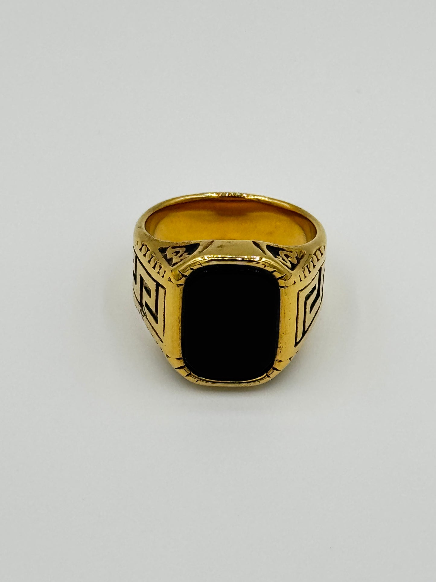 Men's Versace Signature Black Stone Ring – Bold Gold Finish