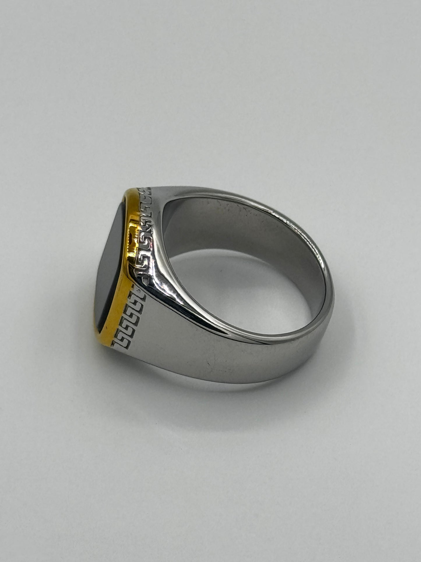 Luxury Black Stone Versace Ring | Dual-Tone Silver & Gold