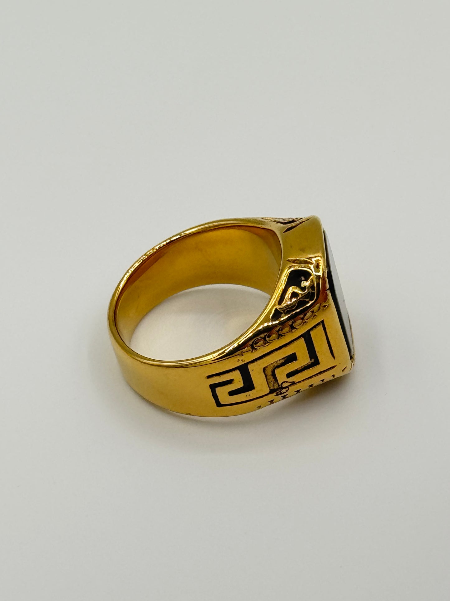 Men's Versace Signature Black Stone Ring – Bold Gold Finish