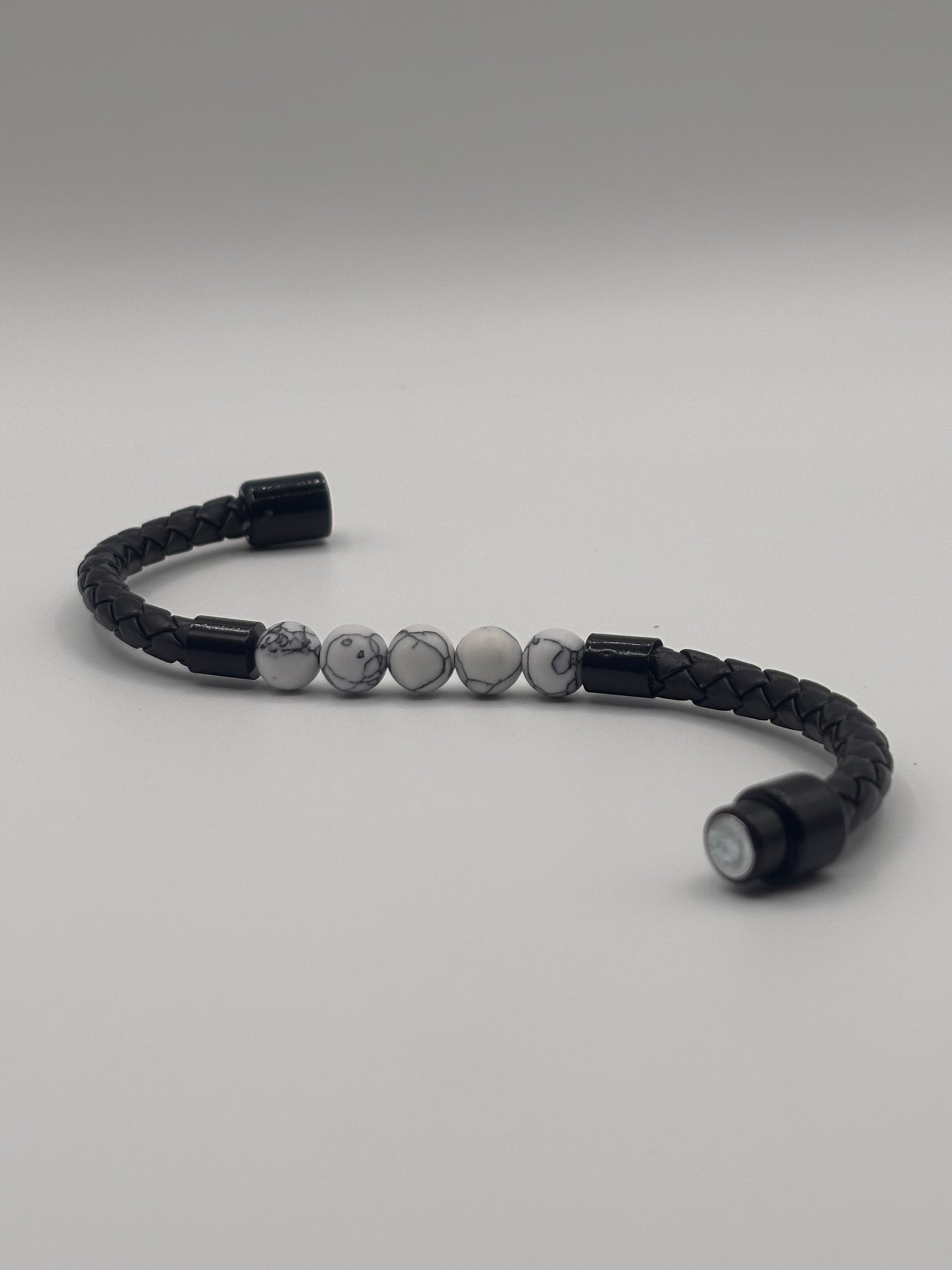Black Leather Bracelet with White Marble Beads | DripZen