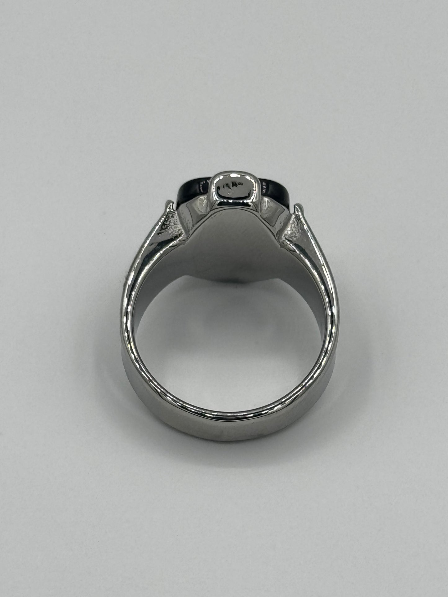 Men’s Textured Silver Steel Black Stone Ring | Bold Mesh Design