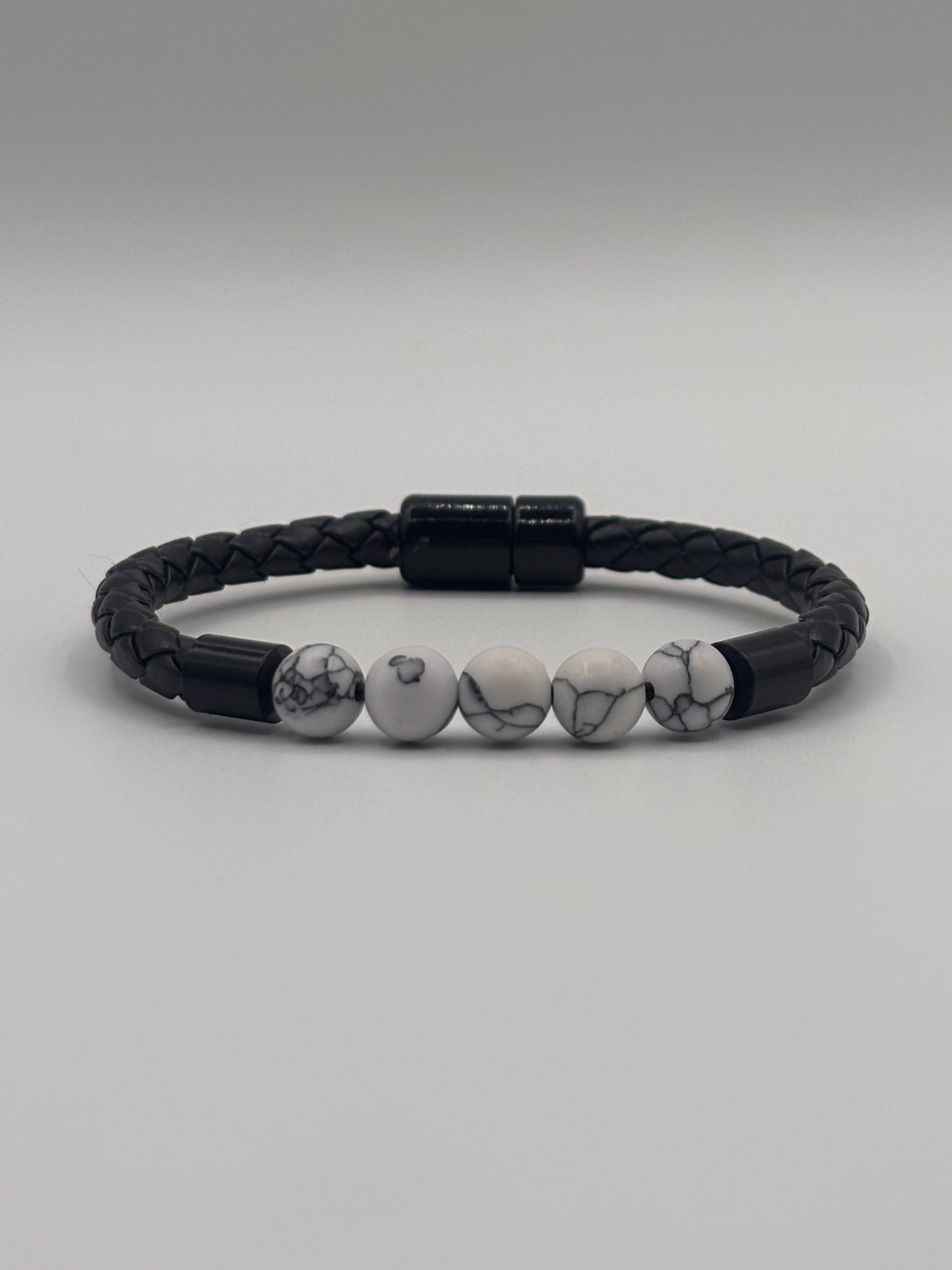 Black Leather Bracelet with White Marble Beads | DripZen