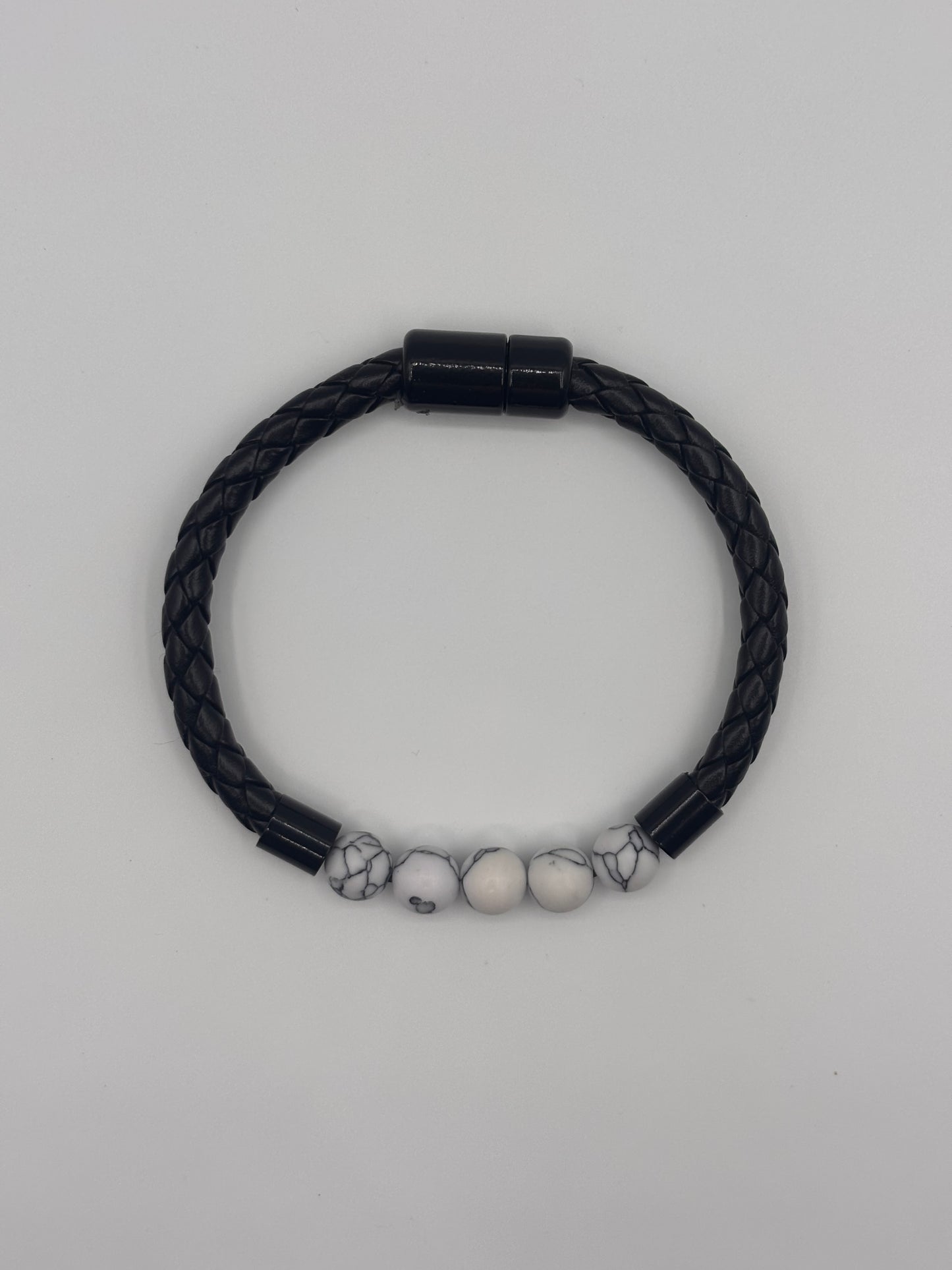 Black Leather Bracelet with White Marble Beads | DripZen