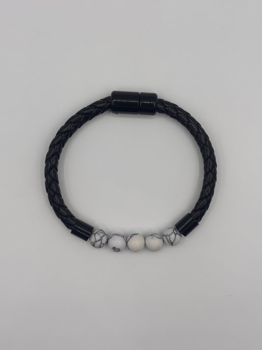 Black Leather Bracelet with White Marble Beads | DripZen